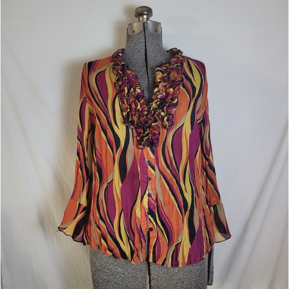 Vintage 90s Y2K Allison Taylor Funky Grovy Blouse Ruffles Button‎ Up M/L Psych
